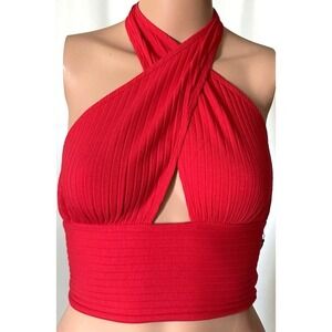 Callahan Revolve Knitwear Halter Top Womens S Mimi Cross Tank Red Front Rib Crop